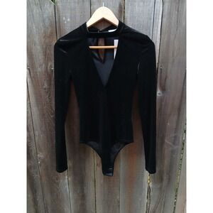New Glamourous Tall  Womens Long Sleeve Peek-A-Boo Velvet Bodysuit‎ Black 6